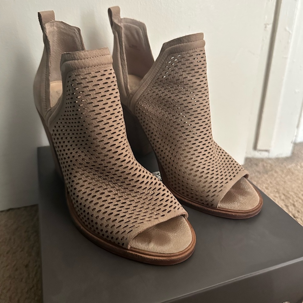Vince Camuto Beige Nubuck Open Toe Ankle Booties